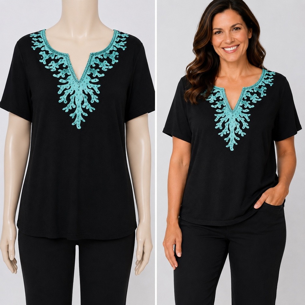Quacker Factory Top Women Small Black Aqua Beaded Coral Neck Short Sleeve Tee